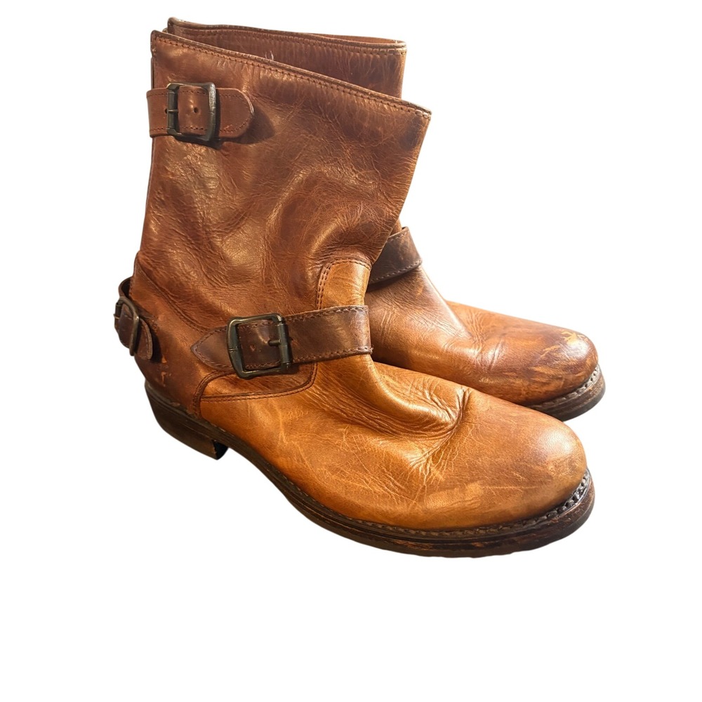 Frye Veronica Short Moto Boots Cognac Brown Leather Back Zip Engineer 8.5B 76603